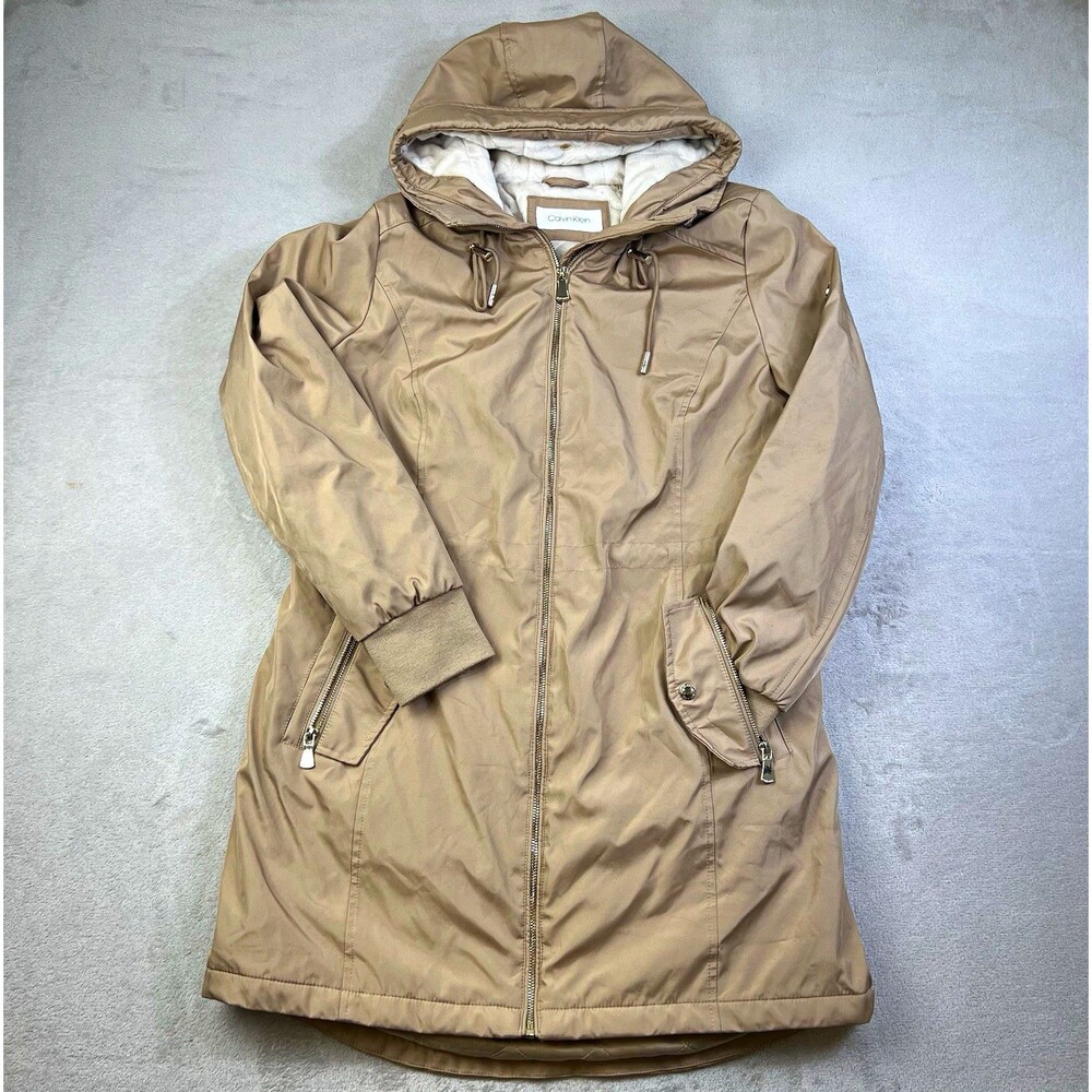 Calvin Klein Womens Beige Long Hooded Full Zip Polyester Parka Coat Size M